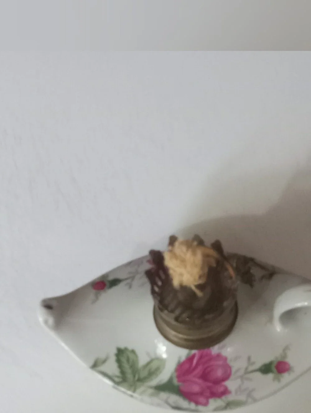 Vintage Oil Lamp BASE ONLY White Porcelain Pink Roses Hong Kong Cottage Core